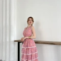 Gipeli Volanlı Katkat Sırt Detaylı Elbise Pembe