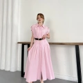 Ham Keten Kumaş Kemer Detaylı Gömlek Elbise Pembe