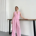 Yaka Detaylı Keten Kumaş Yelek-Pantolon Takım Pembe