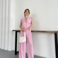 Yaka Detaylı Keten Kumaş Yelek-Pantolon Takım Pembe