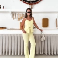 Askılı Düğme Detaylı Pantolonlu Takım Sarı