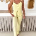 Askılı Düğme Detaylı Pantolonlu Takım Sarı