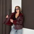 Astar Peluş Detaylı Deri Ceket Bordo