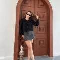 Bebe Yaka Bağlama Detay Keten Gömlek Siyah