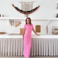 Bel Büzgü Detay Gofre Elbise Pembe
