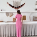 Bel Büzgü Detay Gofre Elbise Pembe