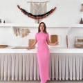 Bel Büzgü Detay Gofre Elbise Pembe