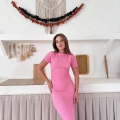Bel Büzgü Detay Gofre Elbise Pembe