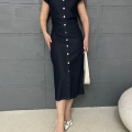 Bel Büzgü Detaylı Denim Elbise Siyah