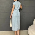 Bel Büzgü Detaylı Denim Elbise Mavi
