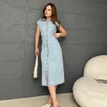Bel Büzgü Detaylı Denim Elbise Mavi