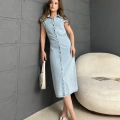 Bel Büzgü Detaylı Denim Elbise Mavi