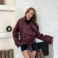 Bel Kuşaklı Kol Detaylı Deri Ceket Bordo