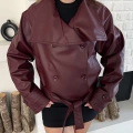 Bel Kuşaklı Kol Detaylı Deri Ceket Bordo