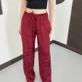 Bel Lastikli Leopar Desen Pantolon Bordo