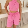 Boyundan Bağlamalı Keten Şortlu Takım Pembe