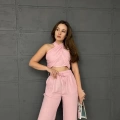 Boyundan Bağlamalı Keten Takım Pembe