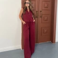 Broş Detaylı Keten Takım Bordo