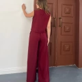 Broş Detaylı Keten Takım Bordo
