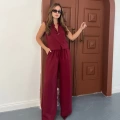 Broş Detaylı Keten Takım Bordo