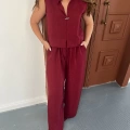 Broş Detaylı Keten Takım Bordo