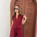 Broş Detaylı Keten Takım Bordo