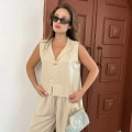 Broş Detaylı Keten Takım Krem