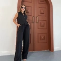Broş Detaylı Keten Takım Siyah