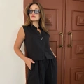 Broş Detaylı Keten Takım Siyah