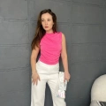 Büzgü Detay Dik Yaka Bluz Pembe