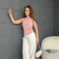 Büzgü Detay Dik Yaka Bluz Pudra Pembe