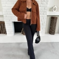Cep Detay Crop Peluş Ceket Kiremit
