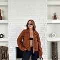 Cep Detay Crop Peluş Ceket Kiremit