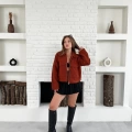 Cep Detay Crop Peluş Ceket Kiremit