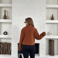 Cep Detay Crop Peluş Ceket Kiremit