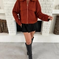 Cep Detay Crop Peluş Ceket Kırmızı