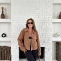 Cep Detay Crop Peluş Ceket Kahverengi