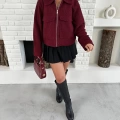 Cep Detay Crop Peluş Ceket Mürdüm