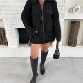 Cep Detay Crop Peluş Ceket Siyah