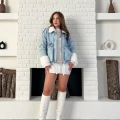 Cep Detaylı Peluş Denim Ceket Mavi
