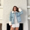 Cep Detaylı Peluş Denim Ceket Mavi