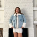 Cep Detaylı Peluş Denim Ceket Mavi