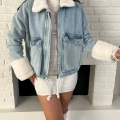 Cep Detaylı Peluş Denim Ceket Mavi
