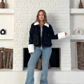Cep Detaylı Peluş Denim Ceket Siyah