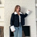 Cep Detaylı Peluş Denim Ceket Siyah