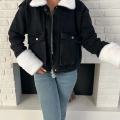 Cep Detaylı Peluş Denim Ceket Siyah