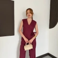 Çizgi Desenli Bağlama Yelekli Takım Bordo