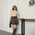 Dantelli Kemer Detaylı Ekose Mini Etek Gri