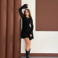 Desenli İspanyol Kol Mini Elbise Siyah