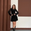 Desenli İspanyol Kol Mini Elbise Siyah